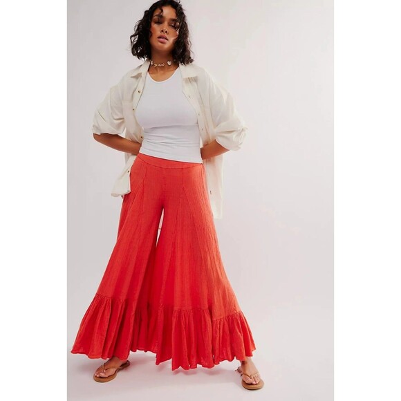 Free People Summer Kiss Godet Pants Smocked Cotton Wide Leg Beach L New 279314
